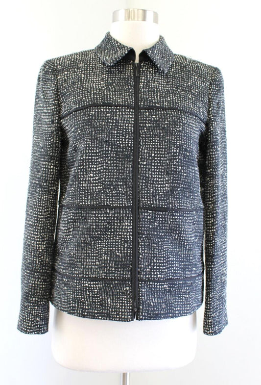 Lafayette 148 Black Off White Tweed Zip Front Blazer Jacket Size 2 Striped