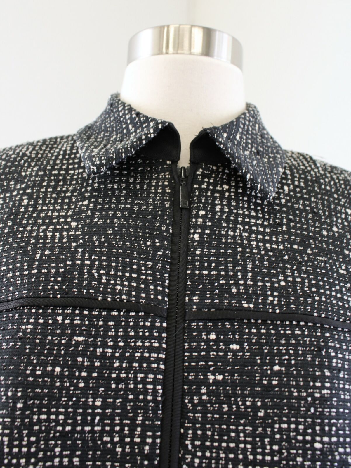 Lafayette 148 Black Off White Tweed Zip Front Blazer Jacket Size 2 Striped