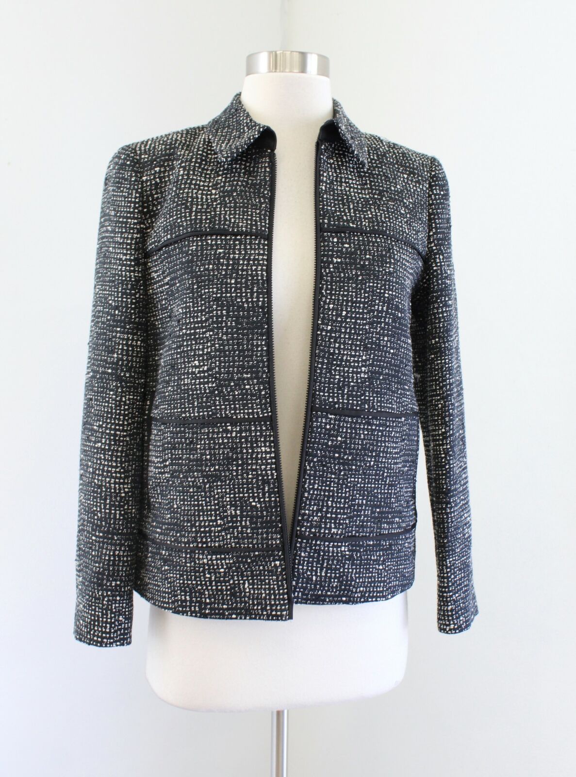 Lafayette 148 Black Off White Tweed Zip Front Blazer Jacket Size 2 Striped