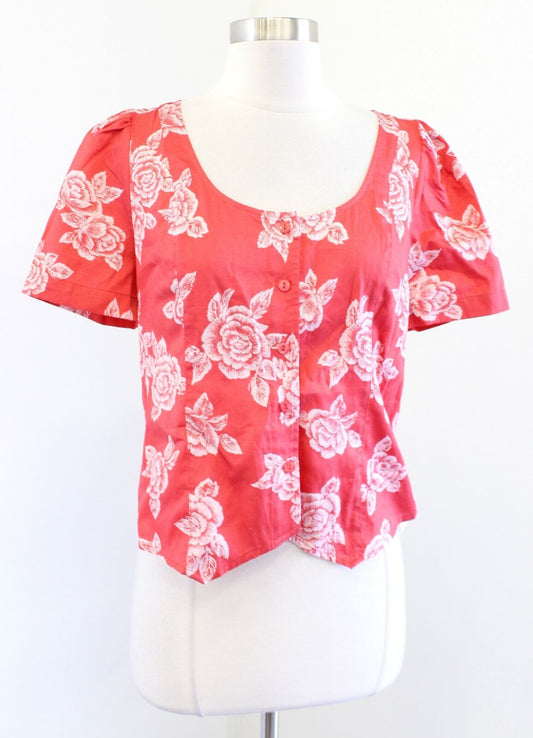 NWT Modcloth Coral Floral Print Button Front Top Blouse Size M Cropped Cottage