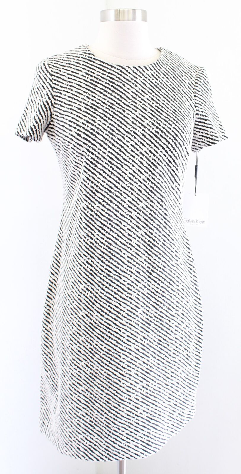 NWT Calvin Klein Black White Striped Knit Short Sleeve Sheath Dress Size 2