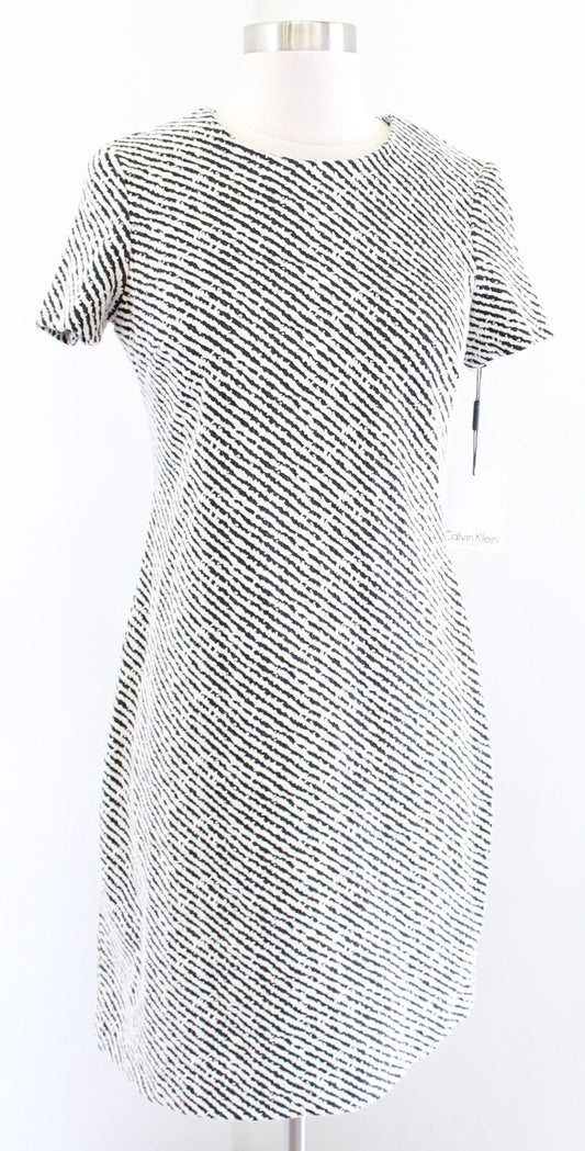 NWT Calvin Klein Black White Striped Knit Short Sleeve Sheath Dress Size 2