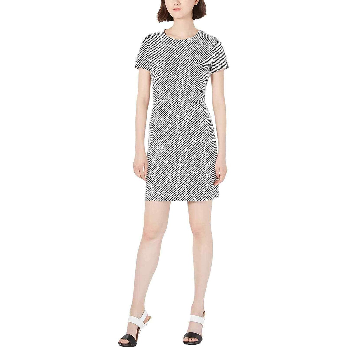 NWT Calvin Klein Black White Striped Knit Short Sleeve Sheath Dress Size 2