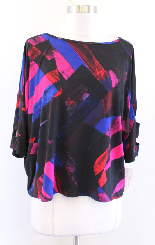 NWT Clara Sun Woo Abstract Print Cutout Sleeve Split Open Back Top Blouse Sz XS