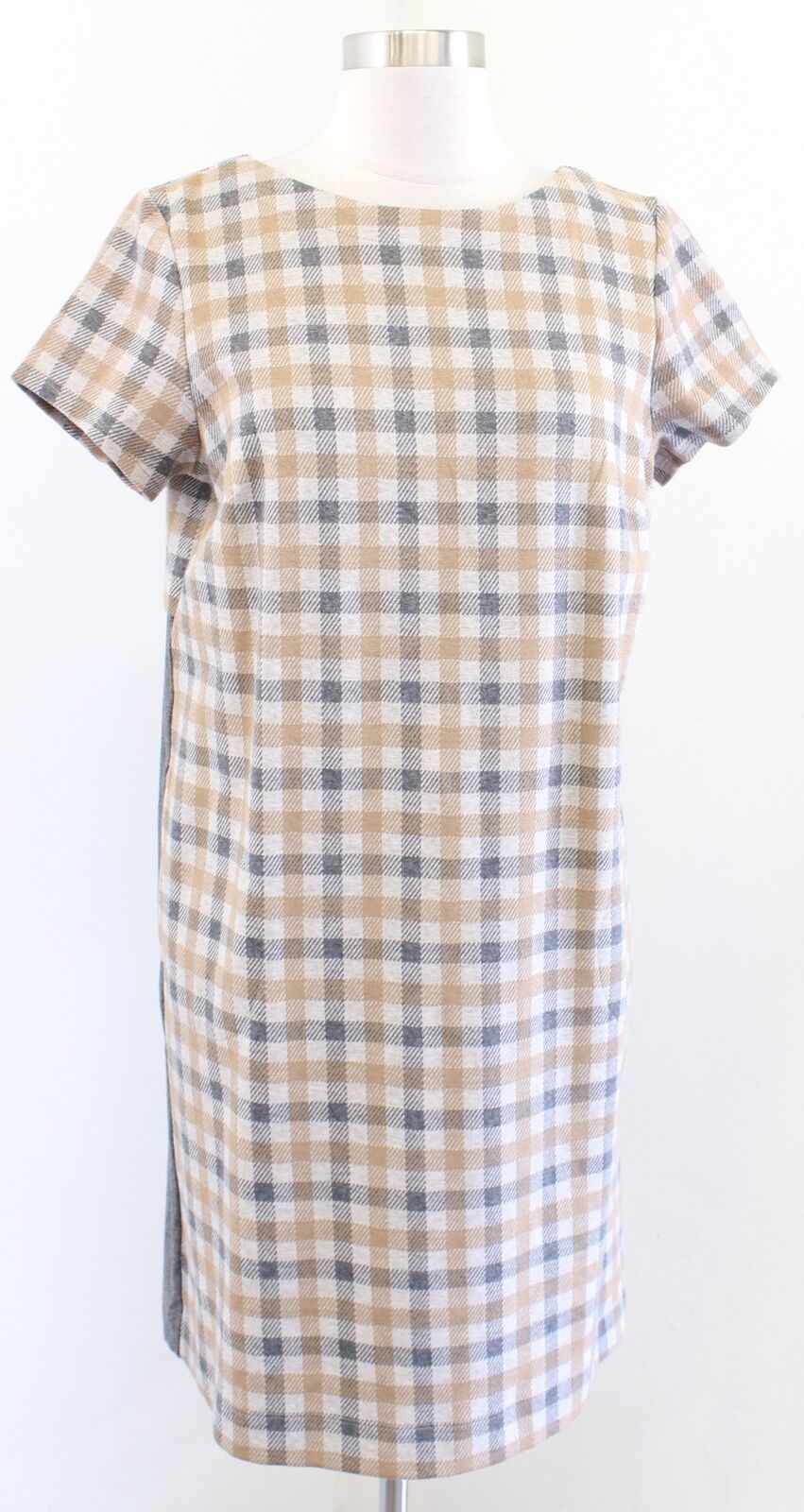 NWT J Jill Womens Camel Tan Gray Plaid Short Sleeve Knit Shift Dress Size PS SP