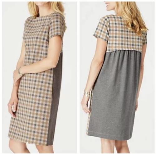 NWT J Jill Womens Camel Tan Gray Plaid Short Sleeve Knit Shift Dress Size PS SP