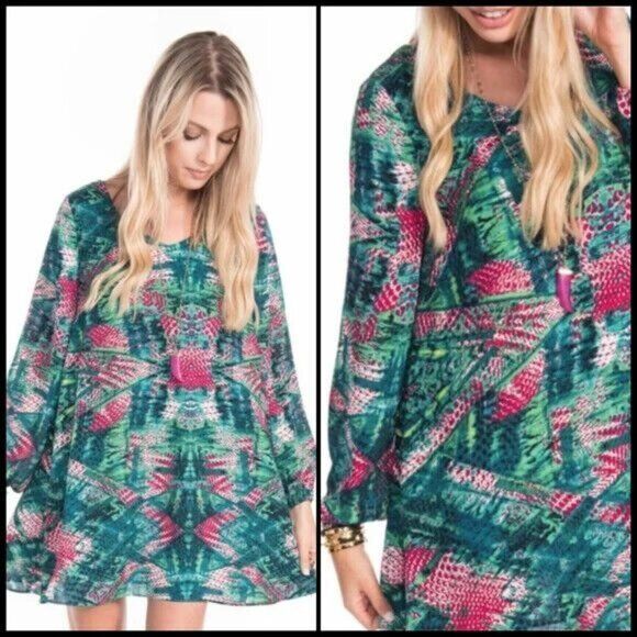 Buddy Love Paris Abstract Print Swing Mini Tunic Dress Size L Green Blue Pink