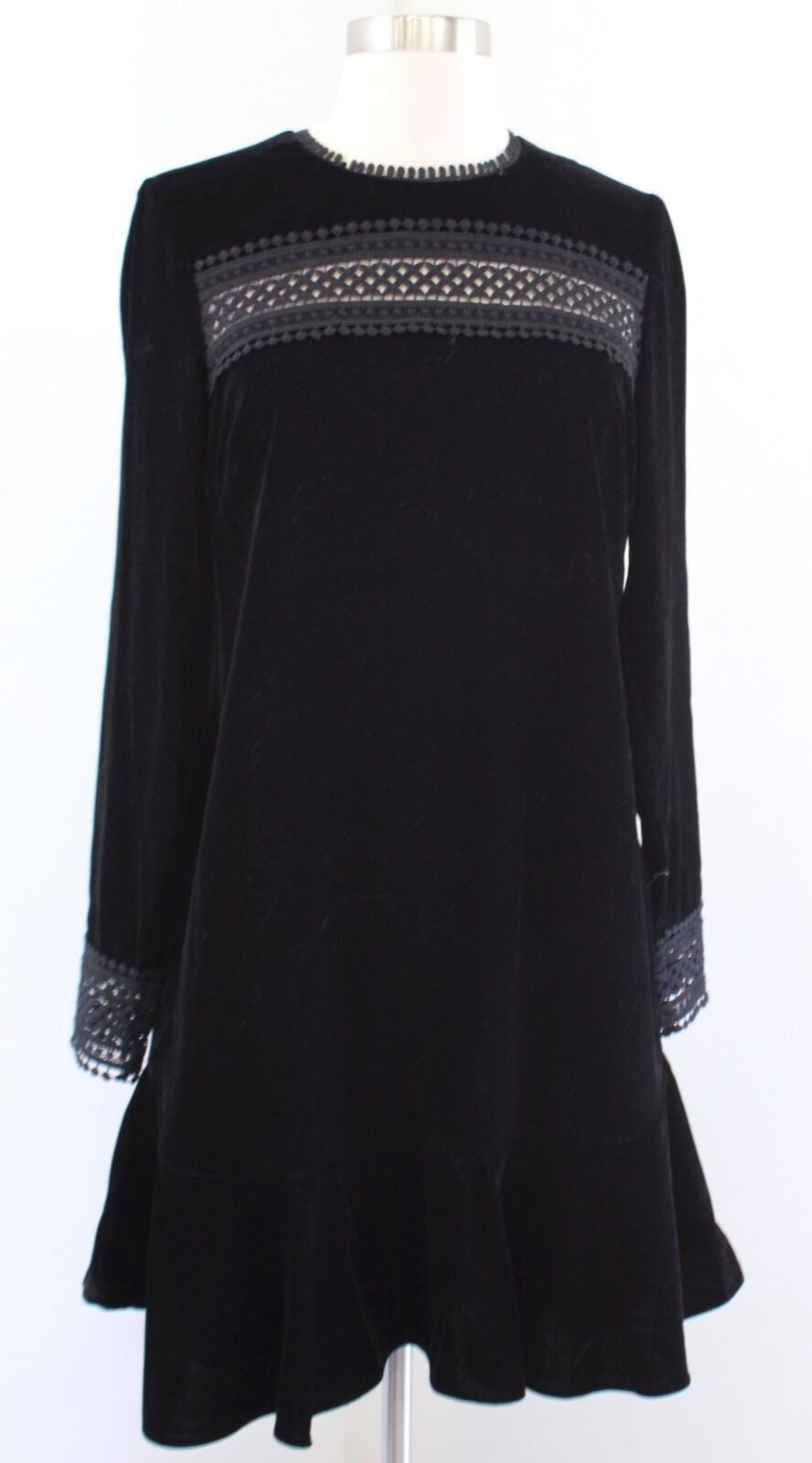 NWT Shoshanna Black Velvet Flounce Hem Crochet Lace Inset Dress Size 2 Sheath