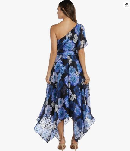 NWT Nightway Black Floral One Shoulder Asymmetric Midi Dress Party Evening Sz 8