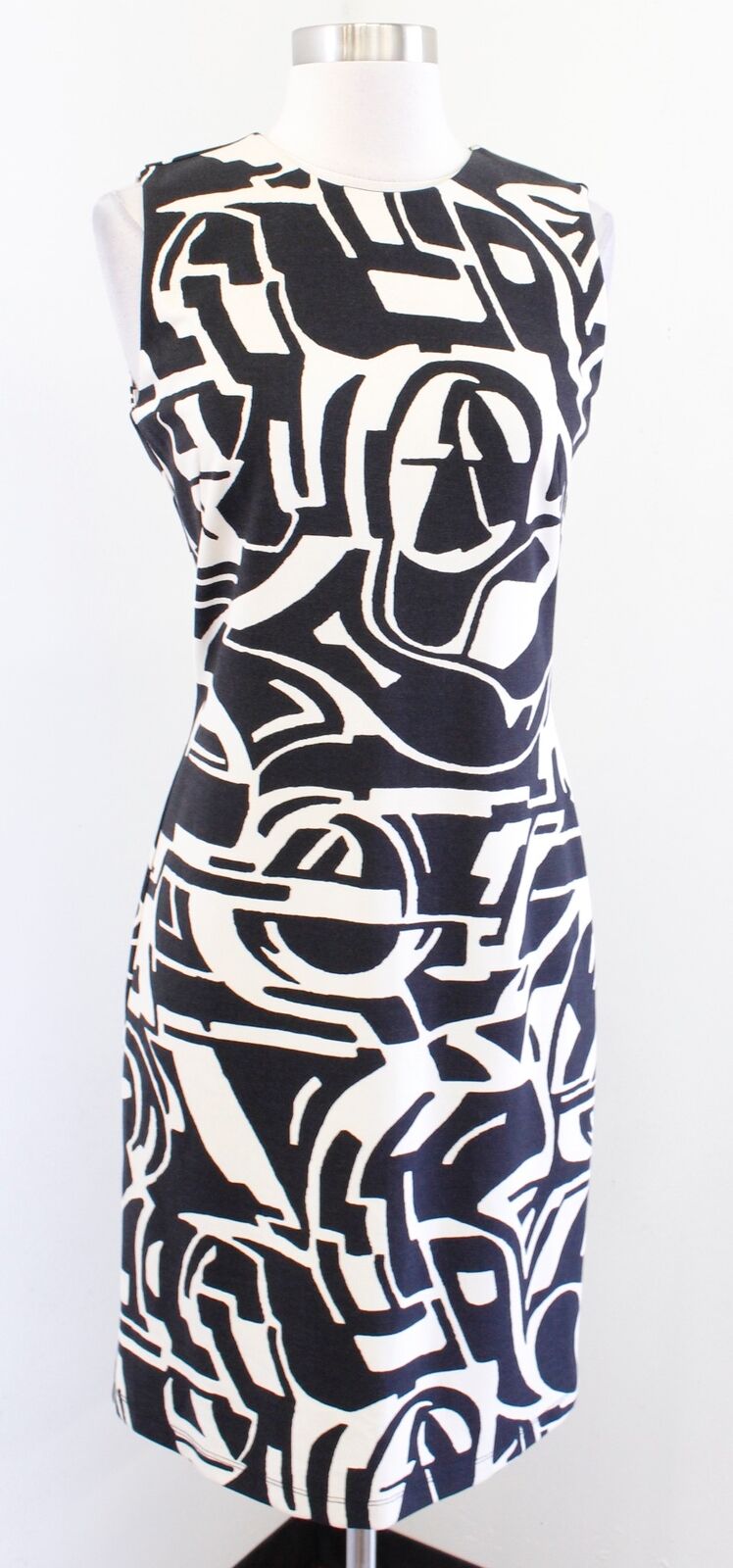 J McLaughlin Beige Black Abstract Geometric Print Sleeveless Sheath Dress Sz XS