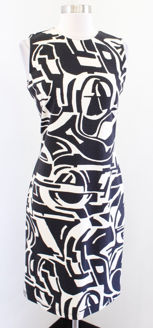 J McLaughlin Beige Black Abstract Geometric Print Sleeveless Sheath Dress Sz XS