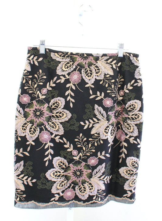 Tahari ASL Levine Black Mesh Medallion Floral Embroidered Pencil Skirt Size 10
