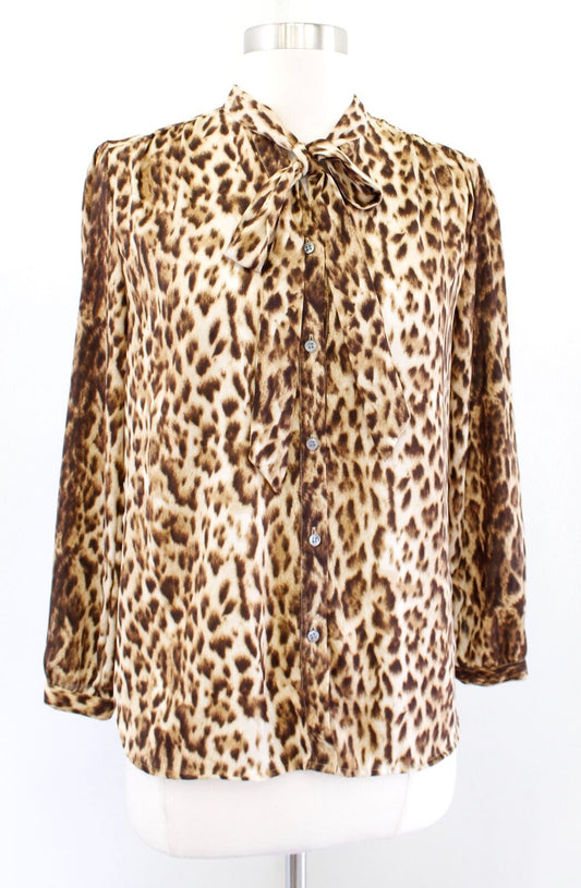 J Crew Womens Leopard Print Button Front Tie Neck Top Blouse Size XS Brown