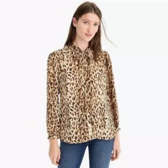 J Crew Womens Leopard Print Button Front Tie Neck Top Blouse Size XS Brown