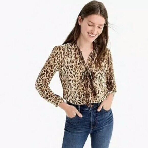 J Crew Womens Leopard Print Button Front Tie Neck Top Blouse Size XS Brown