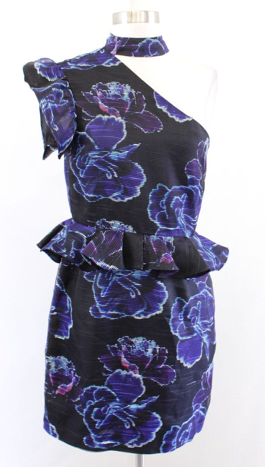 Nicole Miller Black Blue Floral Organza Peplum Ruffle One Shoulder Dress Size 2