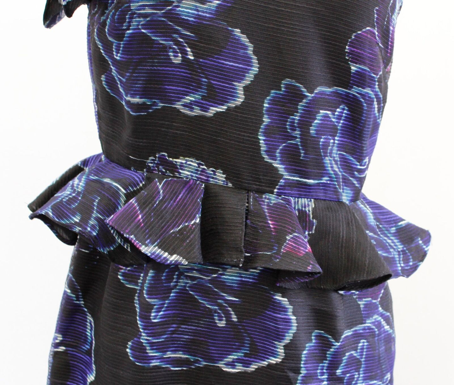 Nicole Miller Black Blue Floral Organza Peplum Ruffle One Shoulder Dress Size 2