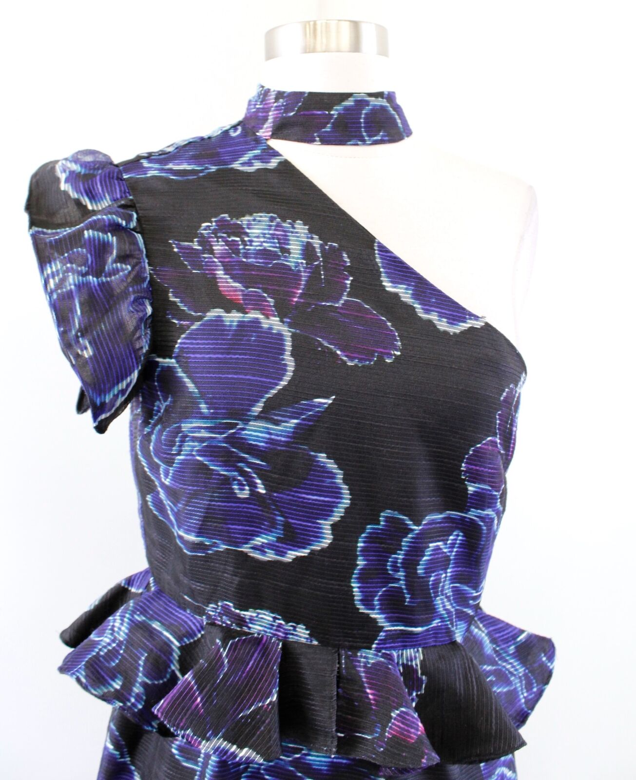Nicole Miller Black Blue Floral Organza Peplum Ruffle One Shoulder Dress Size 2