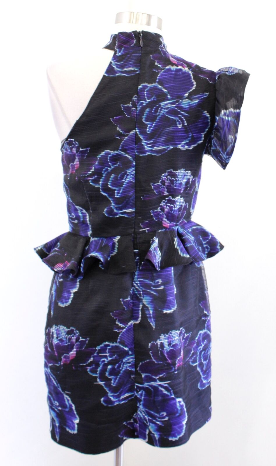 Nicole Miller Black Blue Floral Organza Peplum Ruffle One Shoulder Dress Size 2
