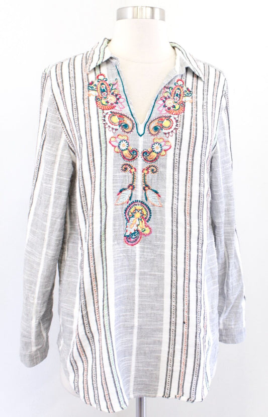 Soft Surroundings Aruba Gauzy Striped Embroidered Top Blouse Size PS SP Gray