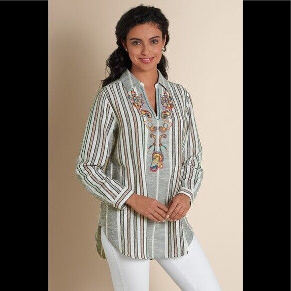 Soft Surroundings Aruba Gauzy Striped Embroidered Top Blouse Size PS SP Gray