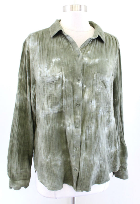 Cloth and Stone Anthropologie Green White Bleached Acid Wash Shirt Blouse Size M Long Sleeve