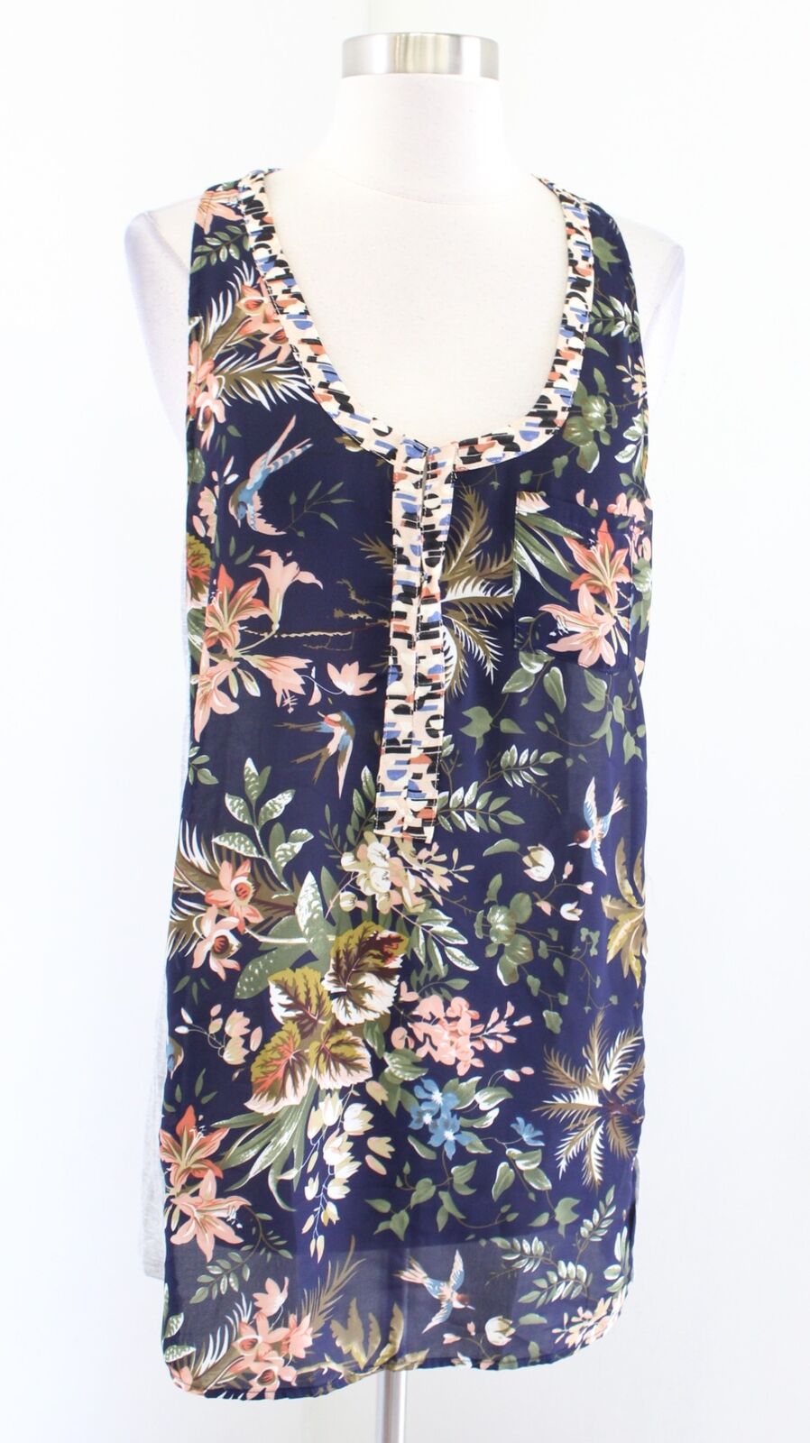 Tiny Anthropologie Zuma Navy Blue Gray Bird Floral Print Tank Top Blouse Size M