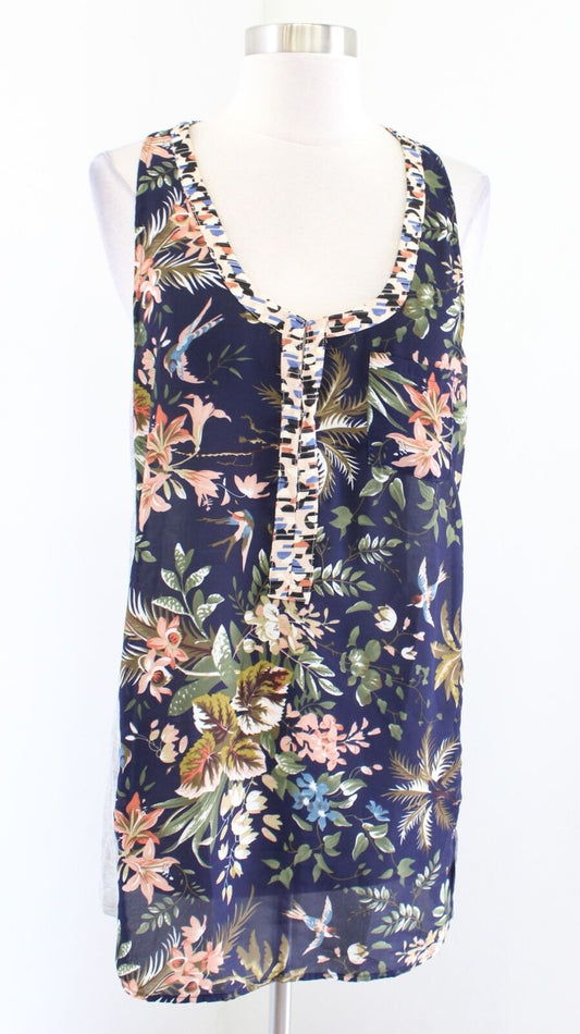 Tiny Anthropologie Zuma Navy Blue Gray Bird Floral Print Tank Top Blouse Size M