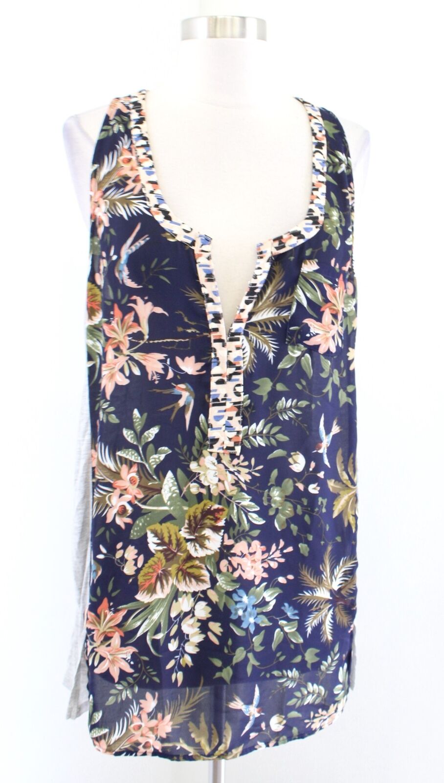 Tiny Anthropologie Zuma Navy Blue Gray Bird Floral Print Tank Top Blouse Size M