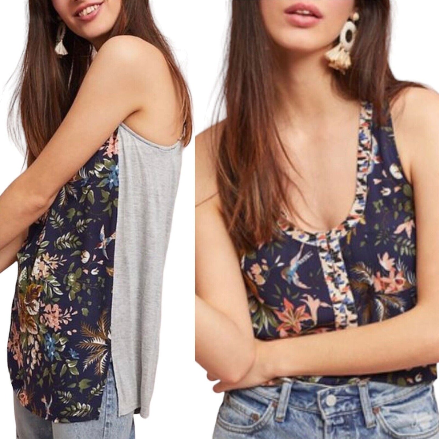 Tiny Anthropologie Zuma Navy Blue Gray Bird Floral Print Tank Top Blouse Size M