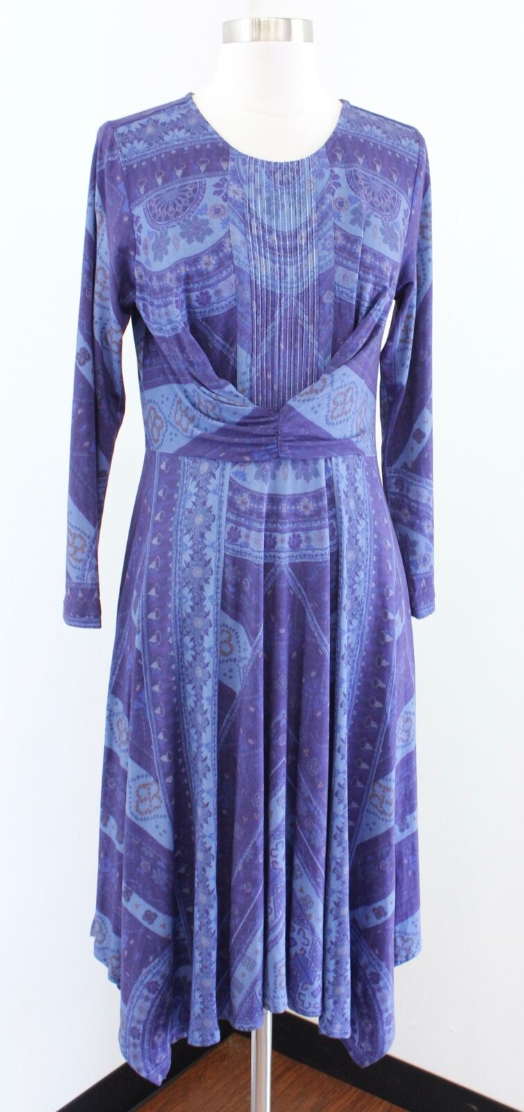 Soft Surroundings Blue Indigo Patchwork Print Asymmetrical Hem Dress Sz PXS XSP