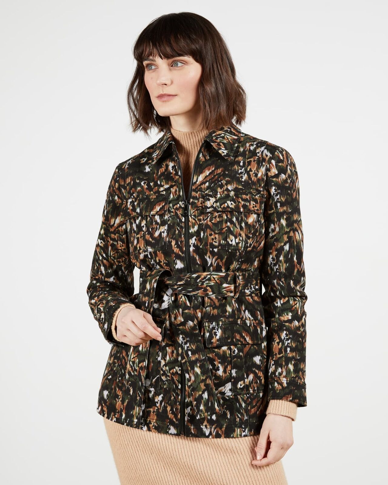 NWT $349 Ted Baker Inniza Abstract Camo Tie Waist Safari Utility Jacket Size 2