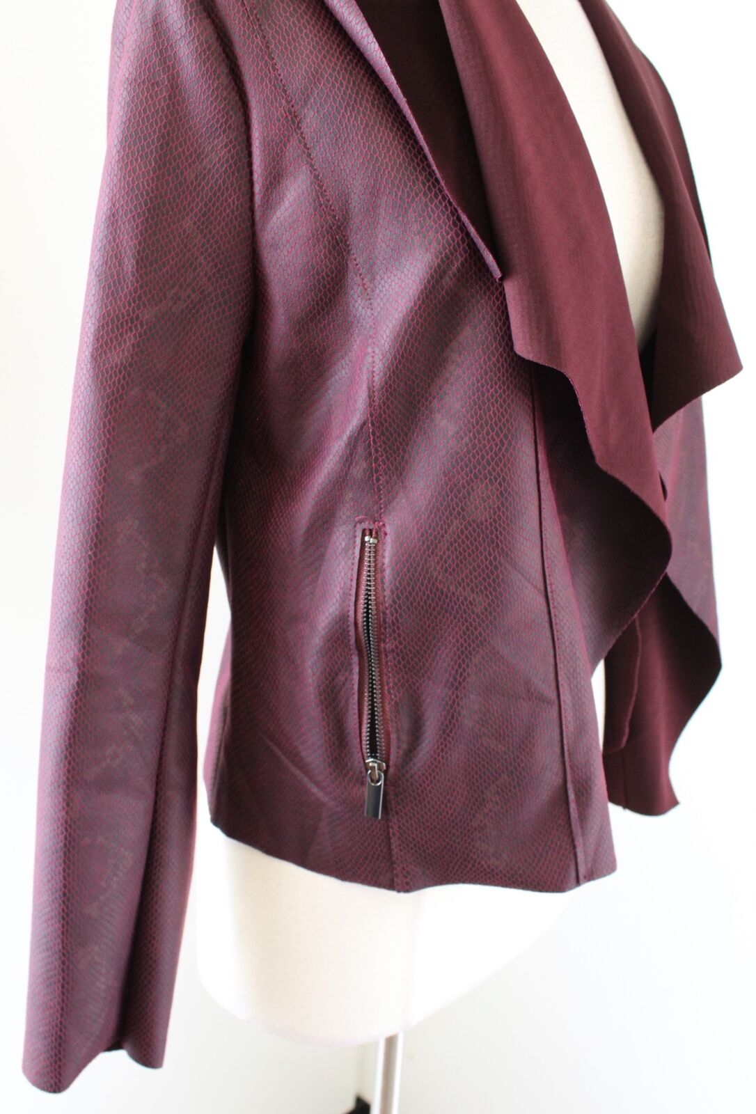 White House Black Market Wine Snakeskin Print Draped Faux Leather Moto Jacket M