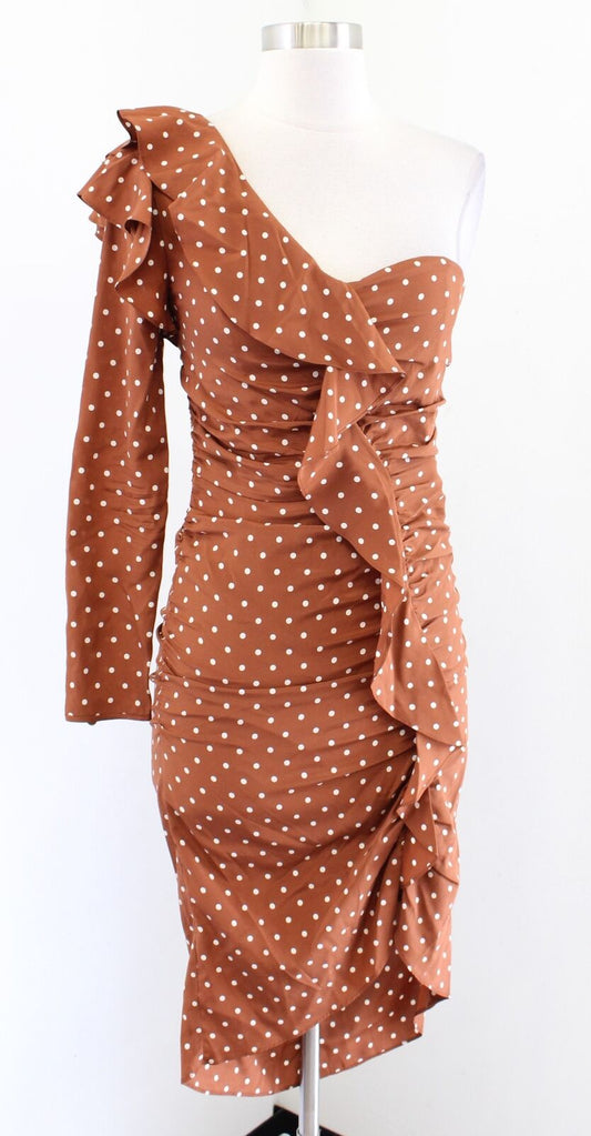 Veronica Beard Leona Polka Dot Ruffle One Shoulder Silk Dress sz 0 Copper Brown