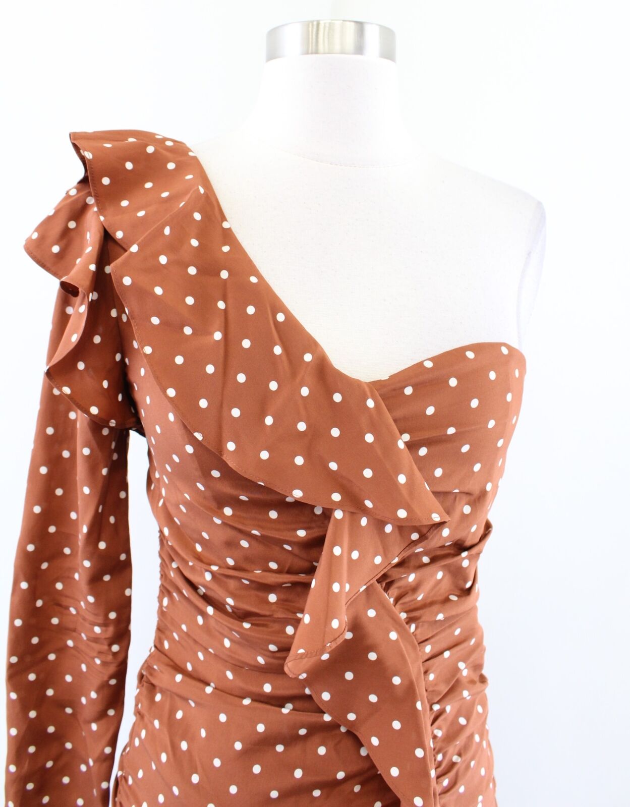 Veronica Beard Leona Polka Dot Ruffle One Shoulder Silk Dress sz 0 Copper Brown