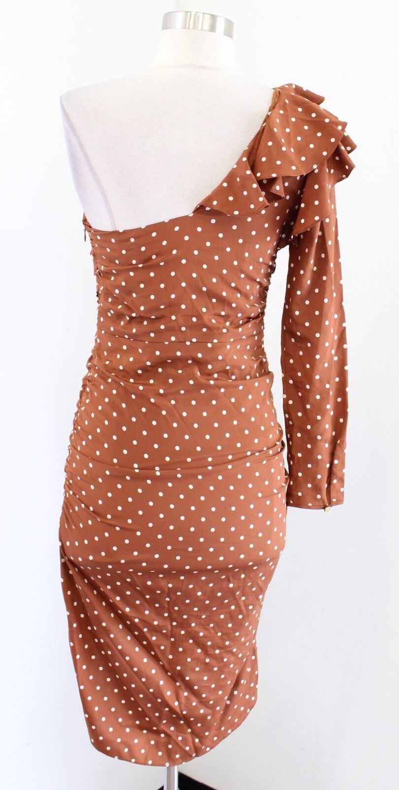 Veronica Beard Leona Polka Dot Ruffle One Shoulder Silk Dress sz 0 Copper Brown