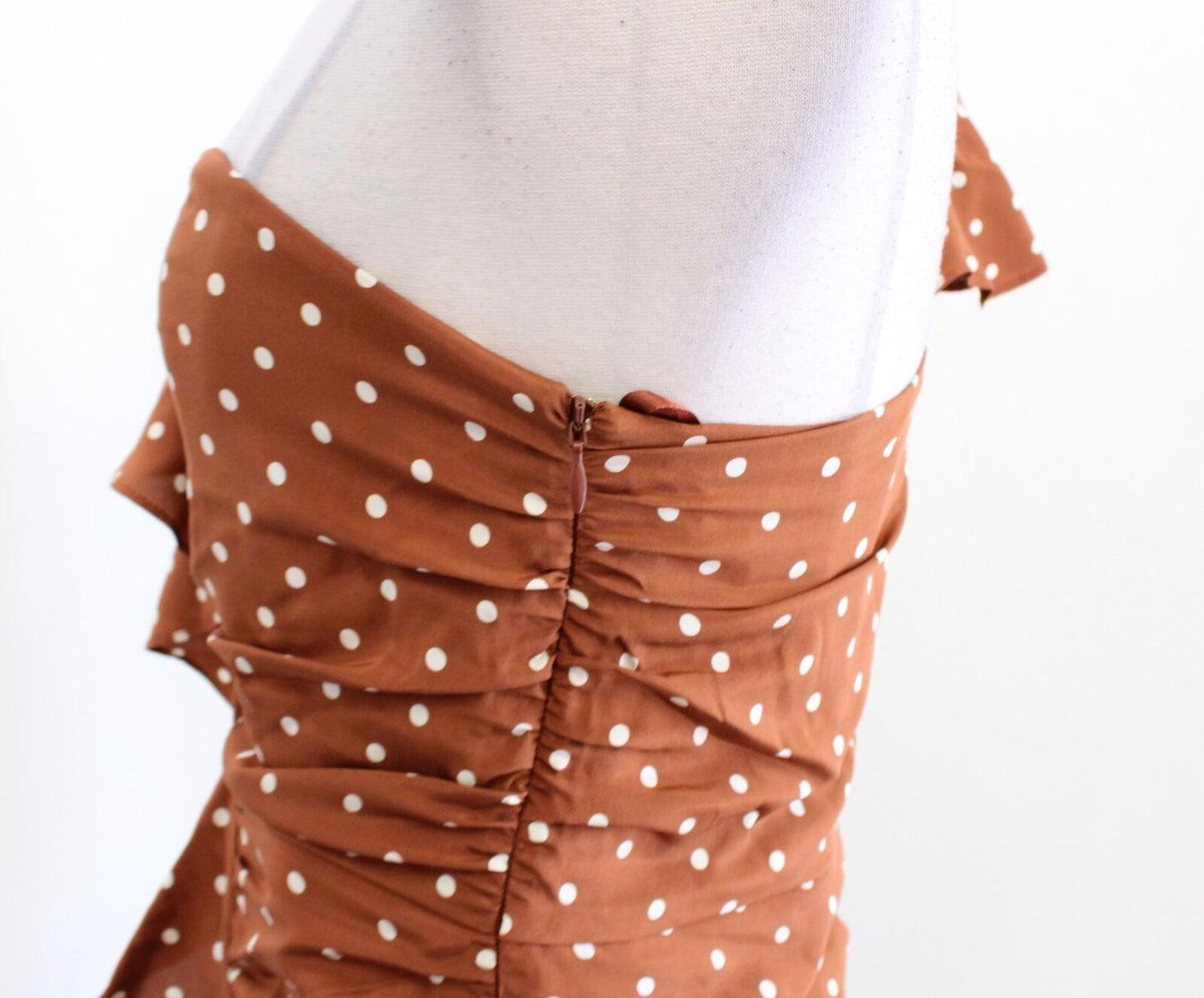 Veronica Beard Leona Polka Dot Ruffle One Shoulder Silk Dress sz 0 Copper Brown