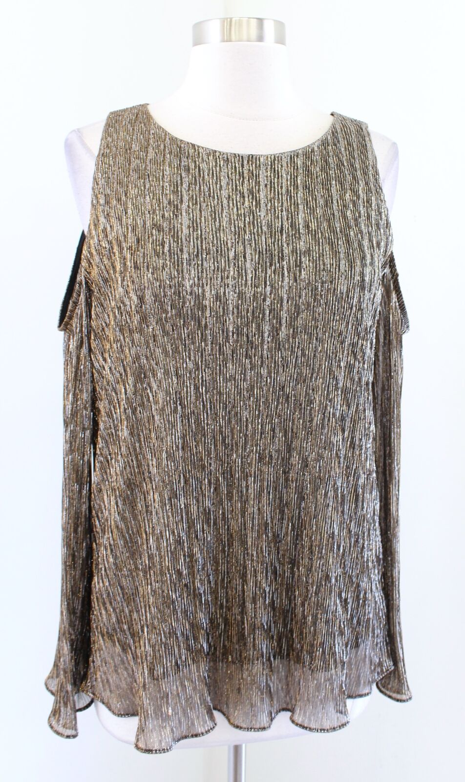 Joseph Ribkoff Gold Bronze Silver Metallic Shimmer Pleated Cold Shoulder Top 8