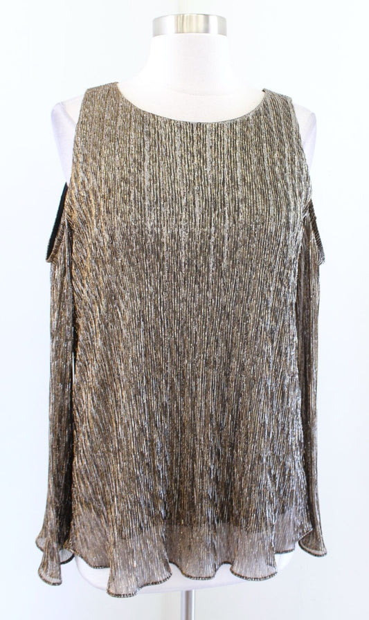 Joseph Ribkoff Gold Bronze Silver Metallic Shimmer Pleated Cold Shoulder Top 8