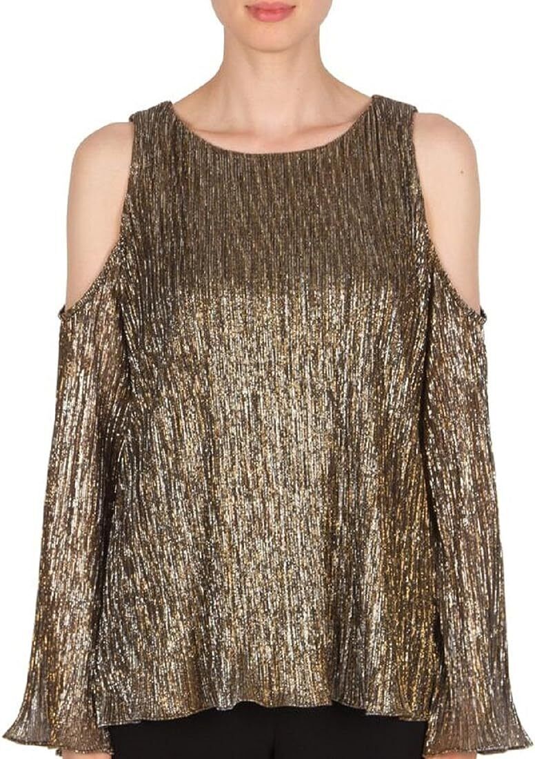 Joseph Ribkoff Gold Bronze Silver Metallic Shimmer Pleated Cold Shoulder Top 8