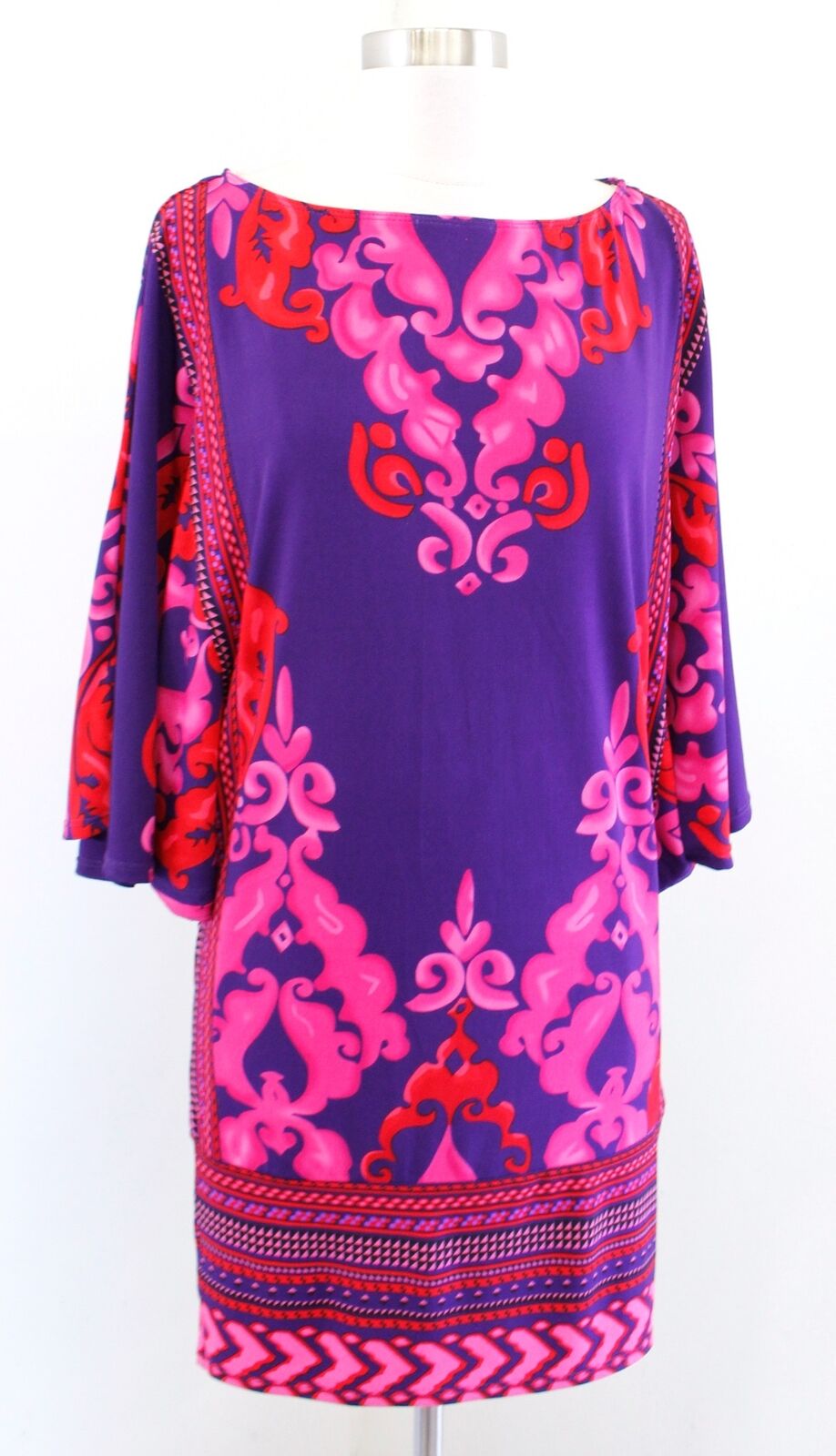 Hale Bob Purple Red Pink Geometric Print Dolman Sleeve Jersey Mini Dress Size XS