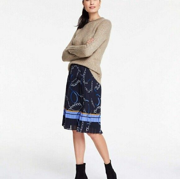 NWT Ann Taylor Navy Blue Chain Ribbon Print Pleated Skirt Size 8 Chainlink