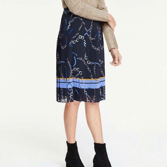 NWT Ann Taylor Navy Blue Chain Ribbon Print Pleated Skirt Size 8 Chainlink