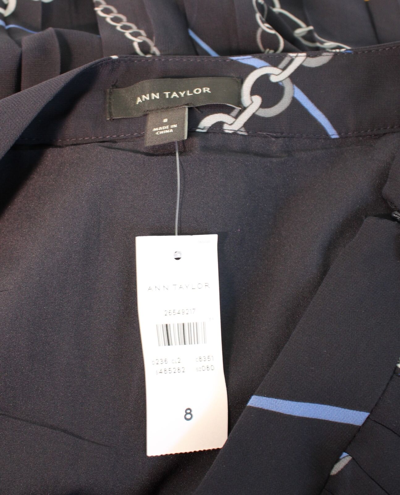 NWT Ann Taylor Navy Blue Chain Ribbon Print Pleated Skirt Size 8 Chainlink