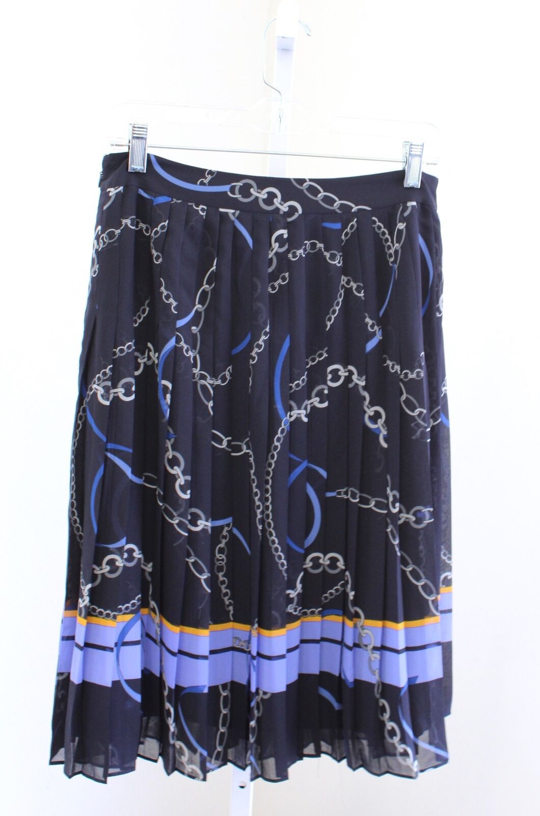 NWT Ann Taylor Navy Blue Chain Ribbon Print Pleated Skirt Size 8 Chainlink