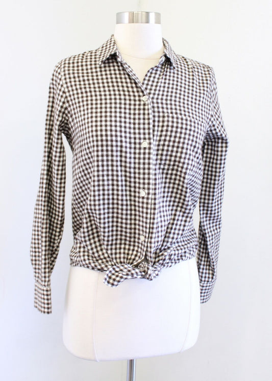 NWT Madewell Flanel Gingham Plaid Tie Front Shirt Blouse Size XS Brown White