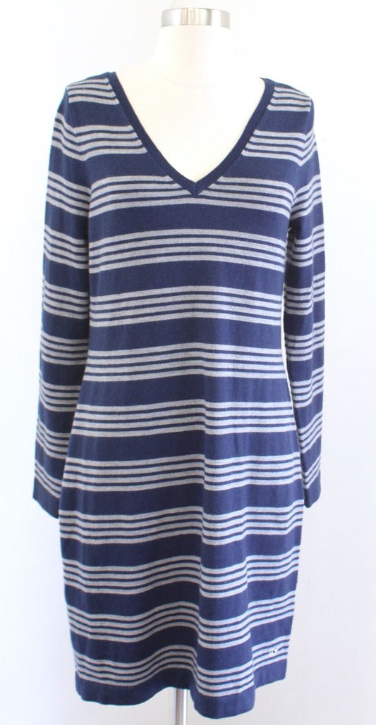 NWT Vineyard Vines Navy Blue Gray Striped Wool Blend V Neck Sweater Dress Size S