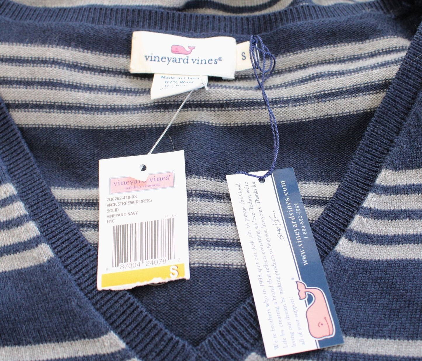 NWT Vineyard Vines Navy Blue Gray Striped Wool Blend V Neck Sweater Dress Size S