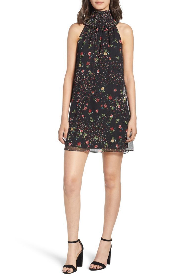 Bailey 44 Anthropologie Irina Black Floral Smocked Turtleneck Mini Shift Dress M