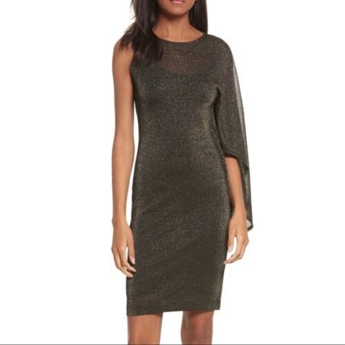 NWT Ted Baker Monyca Black Gold Metallic One Shoulder Draped Dress Size 4